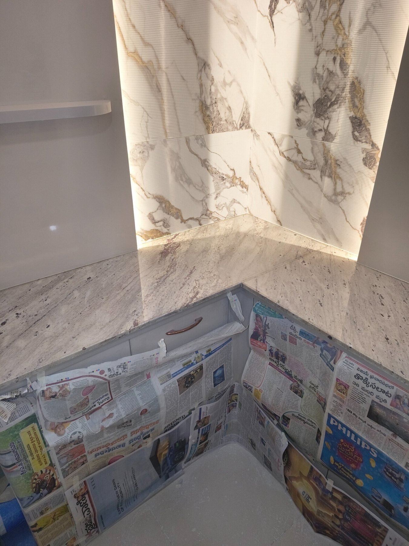 Completed white floor tile installation